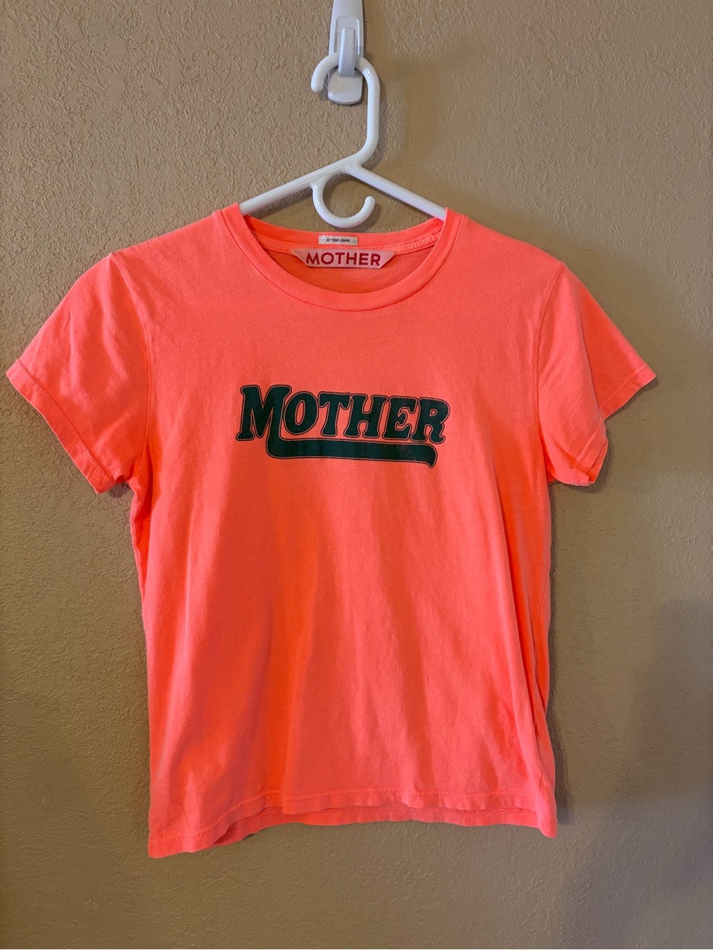 MOTHER “At Your Leisure” Neon Coral Short Sleeve Tee with Dark Green Logo